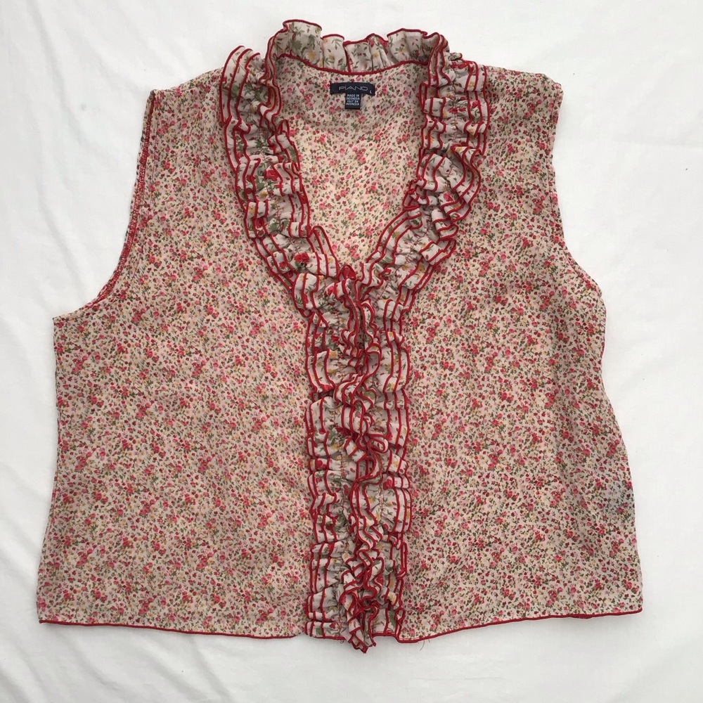 Piano Womens L Blouse Red & Pink Floral Ruffles - Cute!